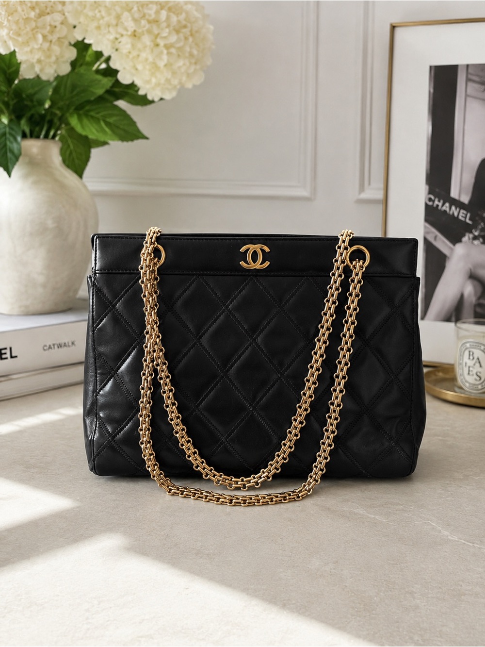 Vintage CHANEL Black Quilted Leather CC Chain Tote Gold Hardware